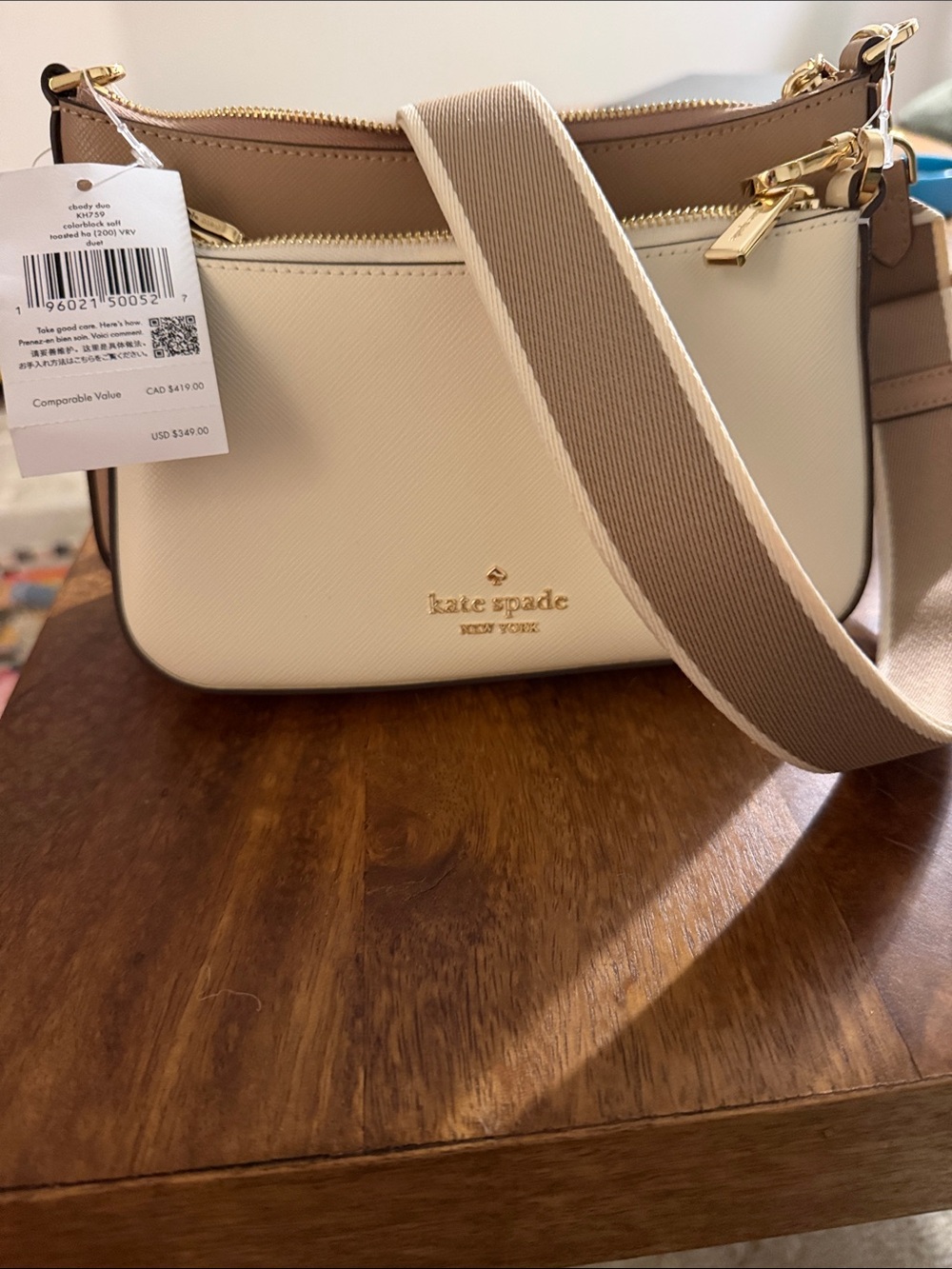 NWT Kate Spade Cbody Duo KH759 Colorblock SaffBeige White Leather Crossbody Bag